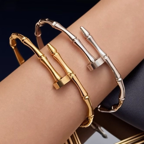 Bracciale Rigido A Nodi Di Bambù Acciaio Inossidabile Intarsiato Con Zircone Cristallo Gioielli Minimalisti Eleganti Per Donne Ragazze