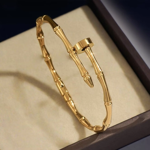 Bamboo Design Bangle 18K Gold Plated Stainless Steel Nail Shape Bracelet For Women Trendy Minimalist Jewelry