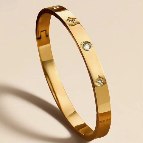 Bracciale Rigido A Stella In Acciaio Inossidabile Da Donna Con Zirconi Cubici Incastonati Chiusura A Cerniera