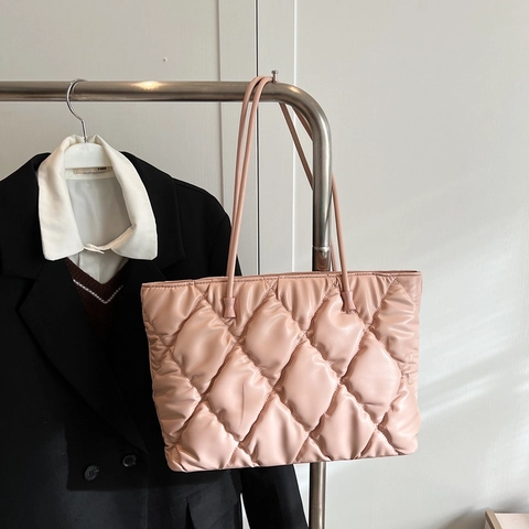 Quilted Tote Bag PU Leather Large Capacity Rhombus Pattern Shoulder Handbag Winter Fashion For Women