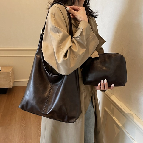 Grote PU Leren Draagtas Met Binnentas Retro Hobo Schoudertas Voor Dames Casual Woon-Werkverkeer Verstelbare Riem
