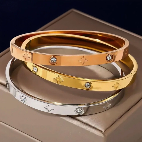 Brazalete De Acero Inoxidable Con Estrella De Ocho Puntas Y Circonita Elegante Pulsera Para Mujer