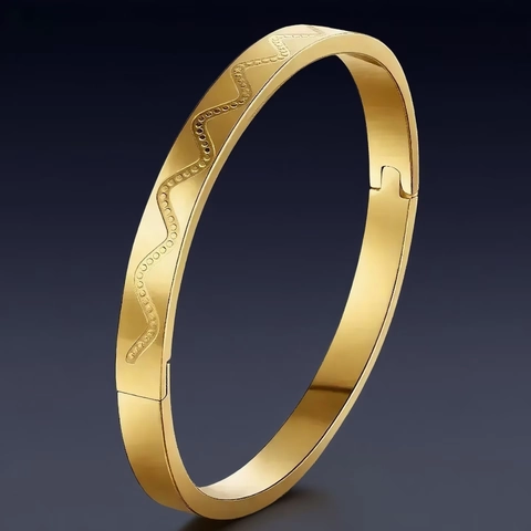 Brazalete De Acero Inoxidable Para Mujer Textura Grabada Ondulada Cierre De Bisagra Joyería Geométrica Elegante