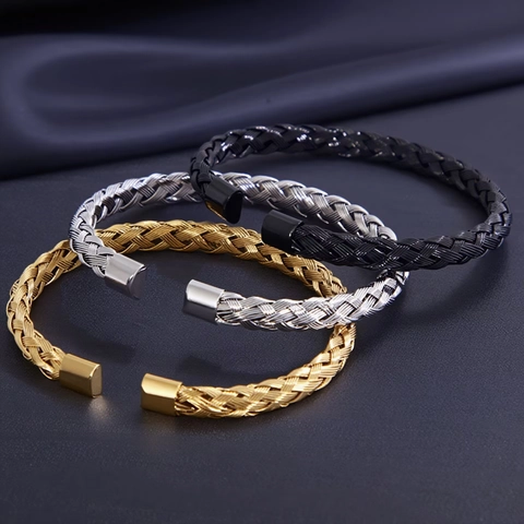 Brazalete Abierto De Alambre Trenzado De Acero Inoxidable Para Hombre Minimalista Joyería Estilo Punk Simple