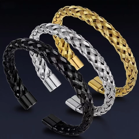 Men Stainless Steel Twisted Braided Wire Open Cuff Bangle Simple Versatile Metal Woven Bracelet Fashion Jewelry