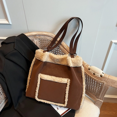 Women Large Capacity Tote Bag Faux Suede Lambswool Fleece Patchwork Retro Autumn Winter Shoulder Handbag