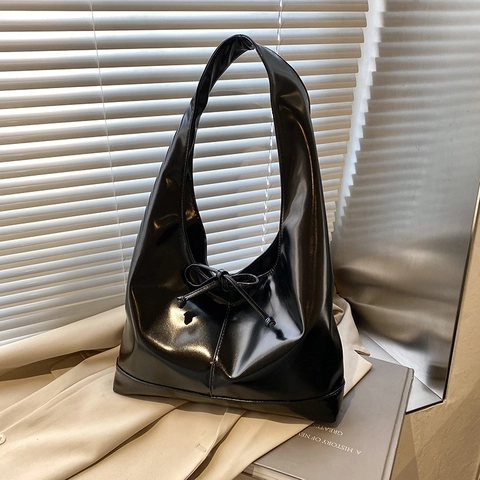 Women Large Capacity Hobo Shoulder Bag High Gloss PU Leather Bow Knot Trendy Urban Simple Casual Commuter Tote