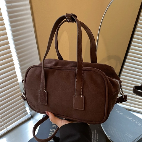 Matte PU Suede Retro Boston Bag Women Shoulder Crossbody Handbag With Contrast Stitching And Zipper Closure