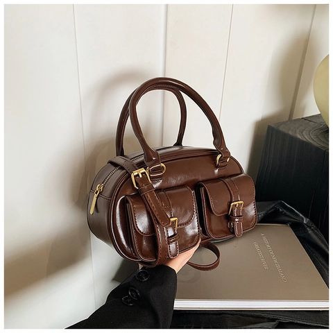 Borsa Da Donna Bowling In Pelle PU Retrò Borsa A Tracolla Boston Vintage Con Doppie Tasche Anteriori