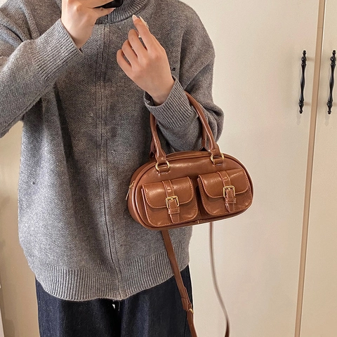Borsa Da Donna Bowling In Pelle PU Retrò Borsa A Tracolla Boston Vintage Con Doppie Tasche Anteriori