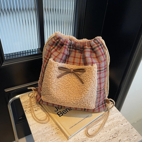 Zaino Con Coulisse Borsa Tote Da Donna Peluche Pelliccia Sintetica Fantasia Scacchi Leopardo Fiocco Vintage Autunno Inverno