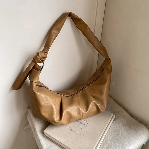 Dames Vintage PU Leren Croissant Hobo Tas Geplooid Knoopband Grote Capaciteit Minimalistische Schoudertas