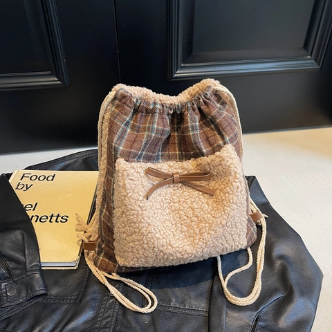Zaino Con Coulisse Borsa Tote Da Donna Peluche Pelliccia Sintetica Fantasia Scacchi Leopardo Fiocco Vintage Autunno Inverno