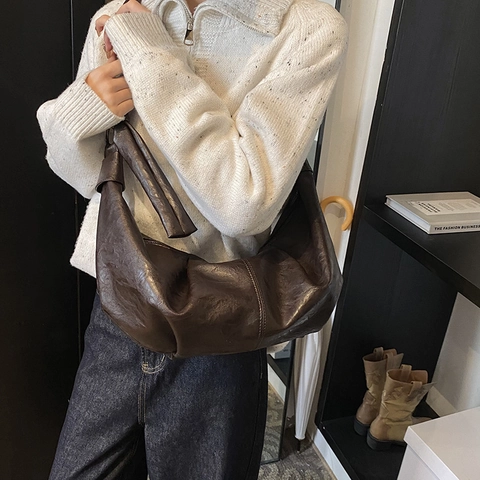 Dames Vintage PU Leren Croissant Hobo Tas Geplooid Knoopband Grote Capaciteit Minimalistische Schoudertas