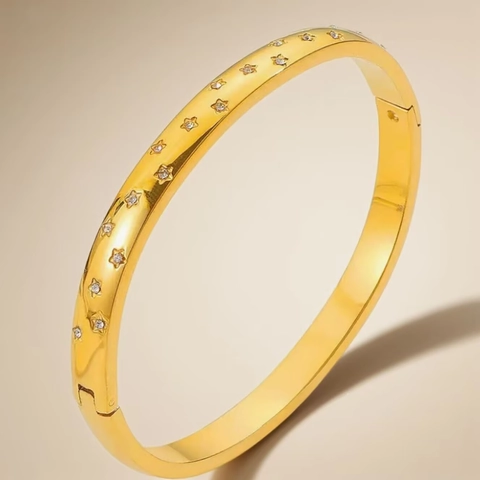 Bracciale Rigido A Stella In Acciaio Inossidabile Placcato Oro 18K Con Zircone Rhinestone Chiusura A Cerniera Donna