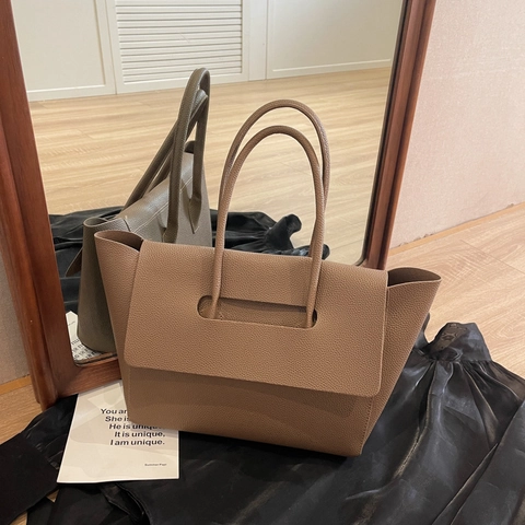 Large Tote Bag Litchi Grain PU Leather Commuter Handbag Solid Color Shoulder Bag For Women Fashion Simple