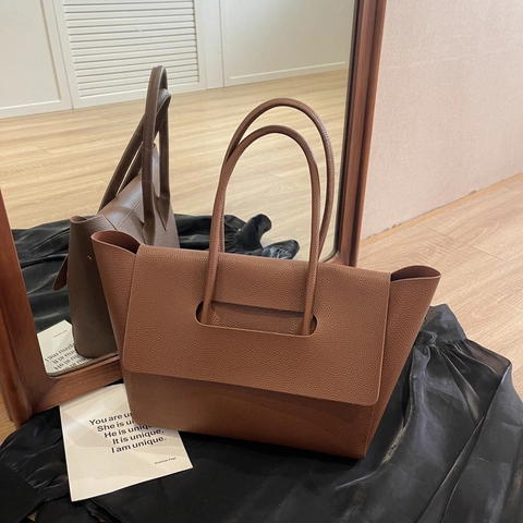 Large Tote Bag Litchi Grain PU Leather Commuter Handbag Solid Color Shoulder Bag For Women Fashion Simple