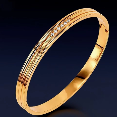 Brazalete De Acero Inoxidable Con Circonita Ranuras Paralelas Bisagra Pulsera De Moda Para Mujer