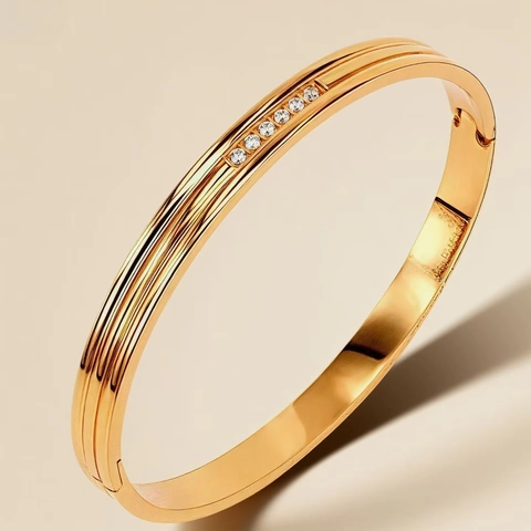 Bracciale Rigido A Cerniera In Acciaio Inossidabile Per Donna Design Scanalato Lucido Con Accenti Di Zircone