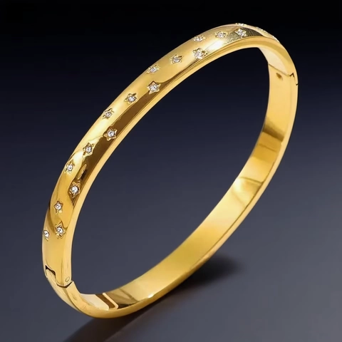 Bracciale Rigido Stella In Acciaio Inossidabile Con Strass Acciaio Al Titanio Placcato Oro 18K Chiusura A Cerniera Elegante Donna