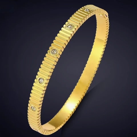 Bracelet Jonc En Acier Inoxydable Pour Femmes Avec Texture Rayée Et Strass Bijoux Géométriques De Style Industriel