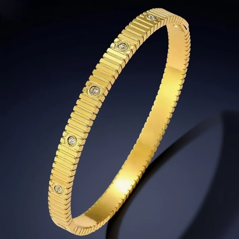 Brazalete De Acero Inoxidable Con Diamantes De Imitación Textura Nervada Joyería De Moda Geométrica Para Mujer