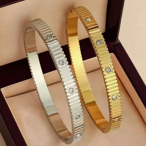 Bracciale Rigido In Acciaio Inossidabile Scanalato Per Donna Con Strass In Zirconia Gioielli Di Moda Geometrici Industriali