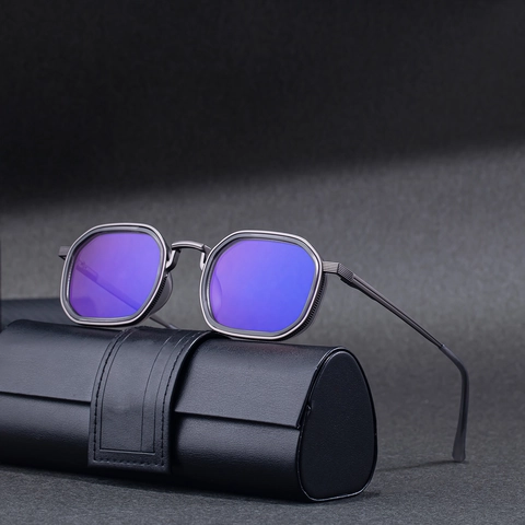 Lunettes De Soleil Carrées Rétro Pour Hommes Monture En Alliage De Zinc Verres PC Protection UV400 Charnière À Ressort Mode