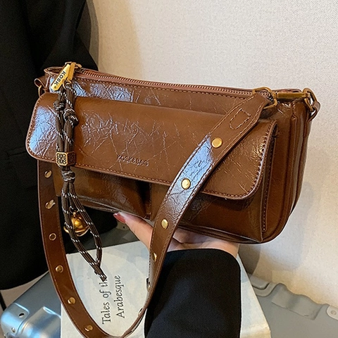 Vintage Glossy PU Leather Underarm Bag Women Trendy Niche Multi Pocket Shoulder Crossbody Bag Rivet Strap Pendant Decor