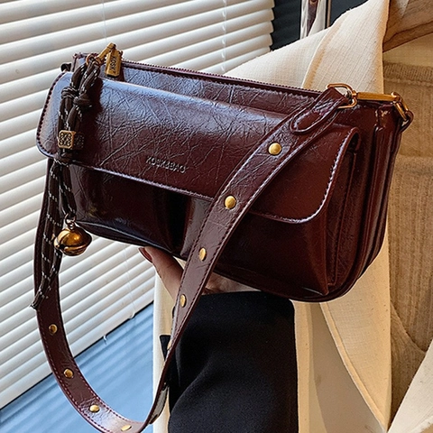 Vintage Glossy PU Leather Underarm Bag Women Trendy Niche Multi Pocket Shoulder Crossbody Bag Rivet Strap Pendant Decor