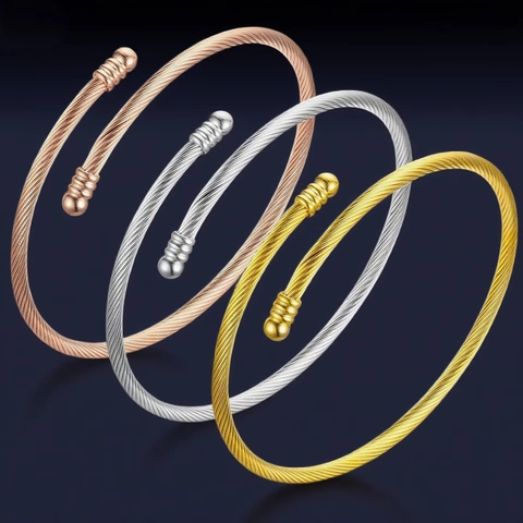 Damen Edelstahl Drahtseil Manschette Armreif Minimalistischer Geometrischer Offener Armreif Mit Kugelenden Modeschmuck