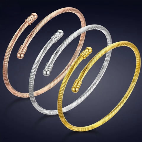 Bracciale A Polsino In Cavo Di Acciaio Inossidabile Minimalista Corda Intrecciata Aperto Con Estremità A Sfera Donna