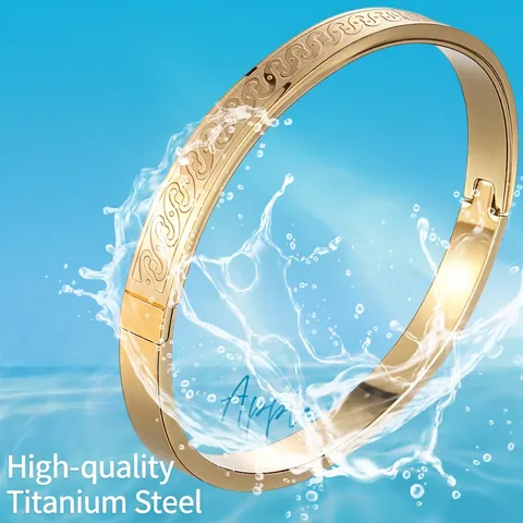 Stainless Steel Bangle Bracelet Engraved Wave Pattern Hinge Buckle Minimalist Fashion Jewelry For Men Women Couple