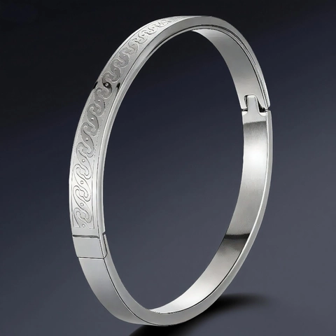 Stainless Steel Bangle Bracelet Engraved Wave Pattern Hinge Buckle Minimalist Fashion Jewelry For Men Women Couple