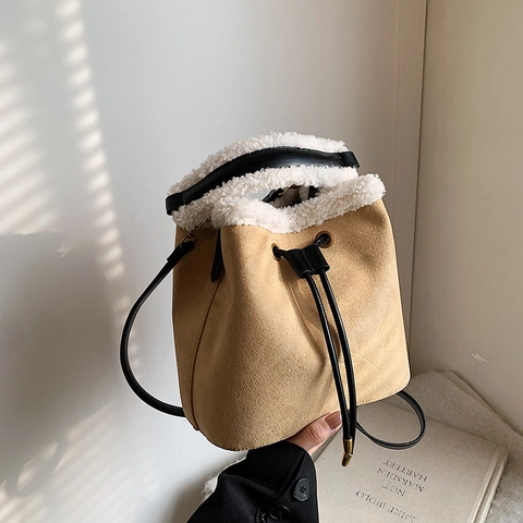 Women Bucket Bag Faux Suede Lamb Wool Trim Drawstring Winter Retro Single Shoulder Crossbody Handbag