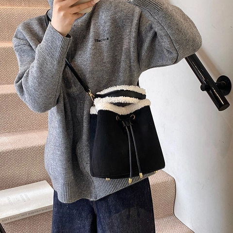 Women Bucket Bag Faux Suede Lamb Wool Trim Drawstring Winter Retro Single Shoulder Crossbody Handbag