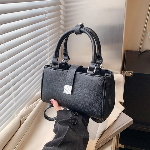 Borsa A Mano Donna Pelle PU Piccola Borsa A Tracolla Quadrata Minimalista Vintage Fibbia Argento Pendolare Manico