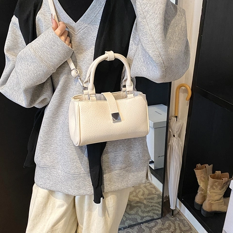 Borsa A Mano Donna Pelle PU Piccola Borsa A Tracolla Quadrata Minimalista Vintage Fibbia Argento Pendolare Manico