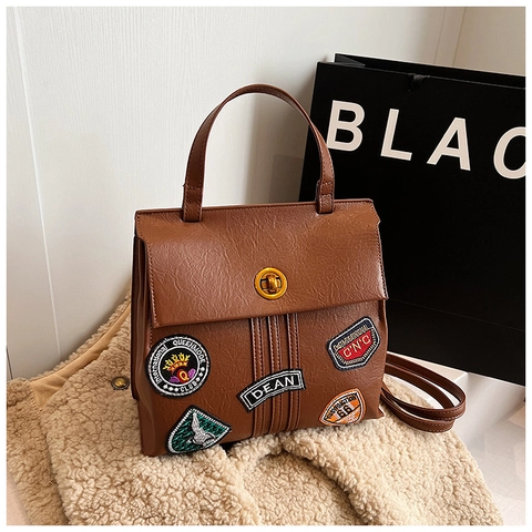 Women Fashion Backpack PU Leather Retro Academy Style Multi-Functional Handbag With Embroidered Patches Metal Turn-Lock