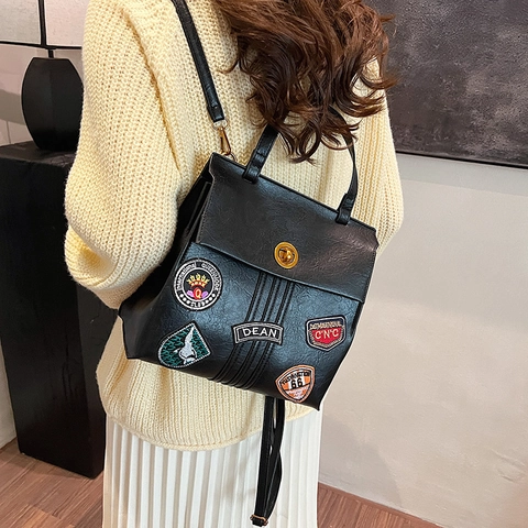 Women Fashion Backpack PU Leather Retro Academy Style Multi-Functional Handbag With Embroidered Patches Metal Turn-Lock