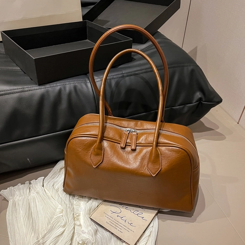 Damen Vintage PU Leder Tote Bag Große Kapazität Pendler Schulter Unterarm Handtasche Retro Doppelreißverschluss
