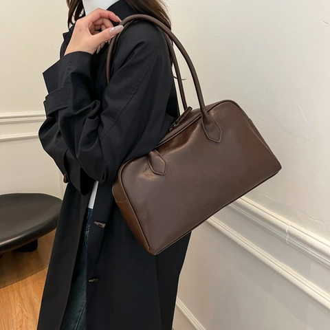 Damen Vintage PU Leder Tote Bag Große Kapazität Pendler Schulter Unterarm Handtasche Retro Doppelreißverschluss