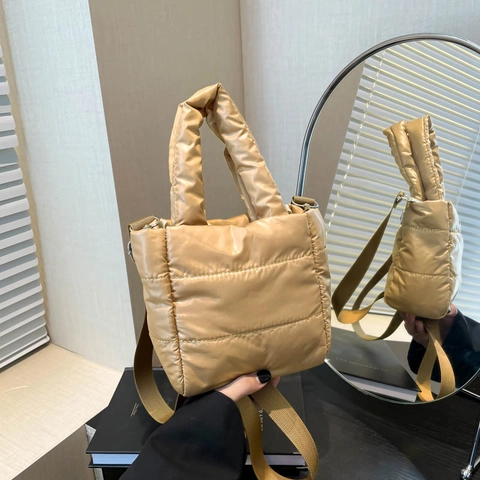 Puffy Quilted Handbag Nylon Padded Tote Bag Chic Metallic Crossbody Shoulder Purse For Women Minimalist Versatile Daily