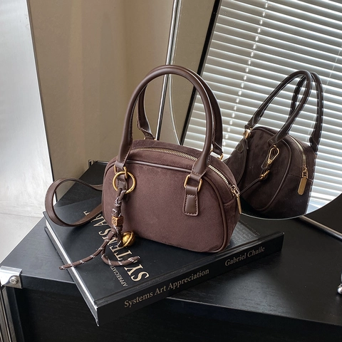 Sac Bandoulière Boston En Cuir PU Dépoli Sac À Main À Poignée Supérieure Rétro Design Minimaliste Pour Femmes