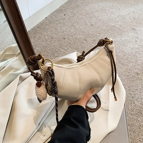 Sac Croissant Demi Lune Texture Daim PU Sangle Nouée Sac À Épaule Bandoulière Pour Femme Style Minimaliste