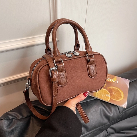 Vintage Women Boston Bag Suede PU Leather Spliced Handbag Double Handle Retro Crossbody Shoulder Bag Zipper Closure