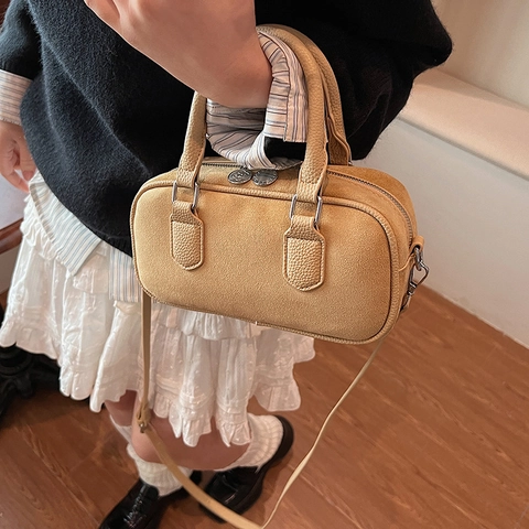 Vintage Women Boston Bag Suede PU Leather Spliced Handbag Double Handle Retro Crossbody Shoulder Bag Zipper Closure