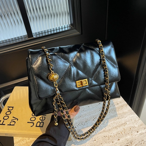 Quilted Rhombus Shoulder Bag PU Leather Gold Ball Chain Strap Turn Lock Crossbody Women Elegant Fashion Trendy