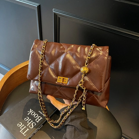 Quilted Rhombus Shoulder Bag PU Leather Gold Ball Chain Strap Turn Lock Crossbody Women Elegant Fashion Trendy