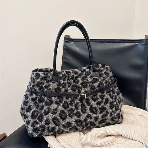 Luipaardprint Kunstbont Tote Bag Grote Capaciteit Dames Pluche Handtas Met PU Leren Handvat Metalen Gesp Wintermode